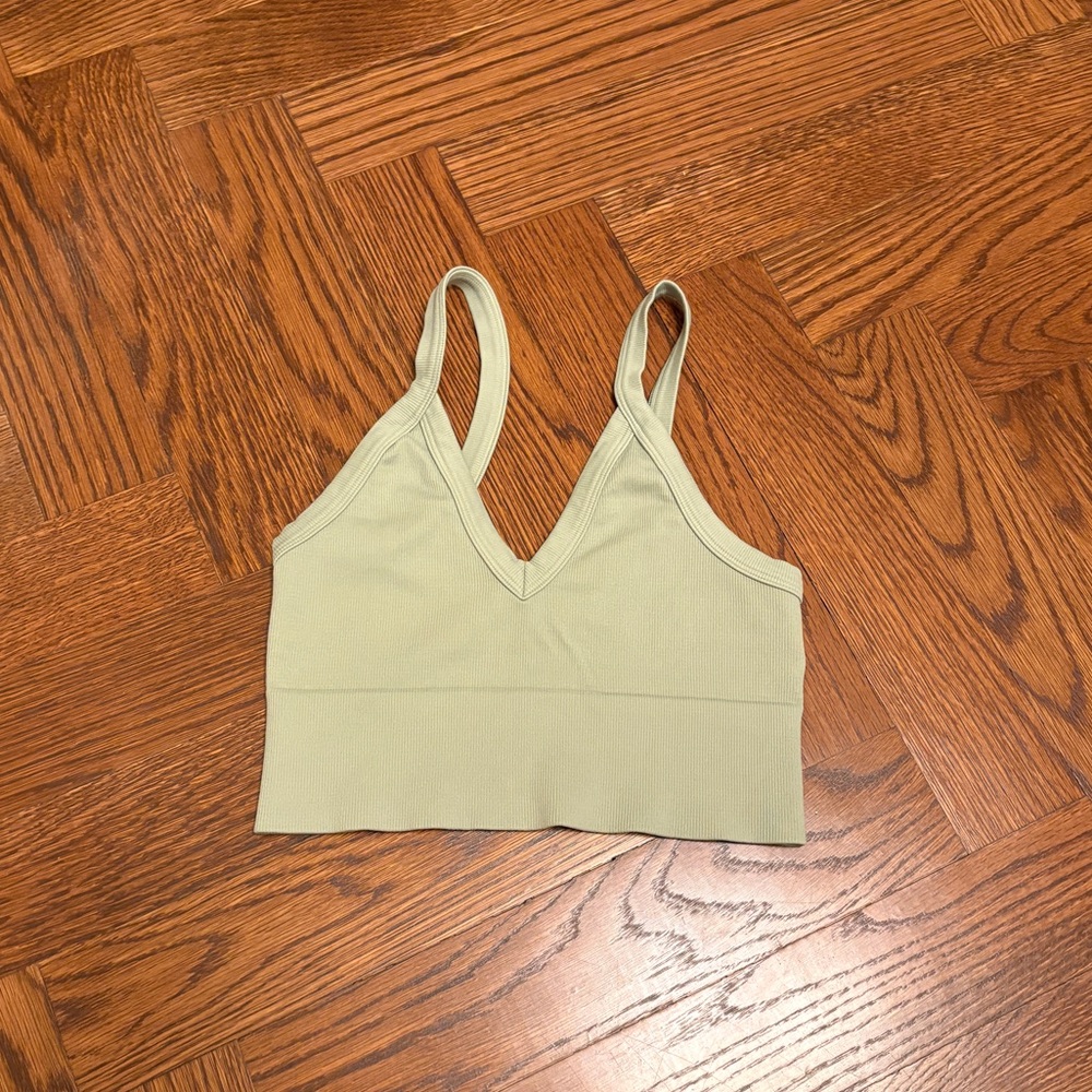 Sage green V-neck cropped bra top, thick buttery soft material